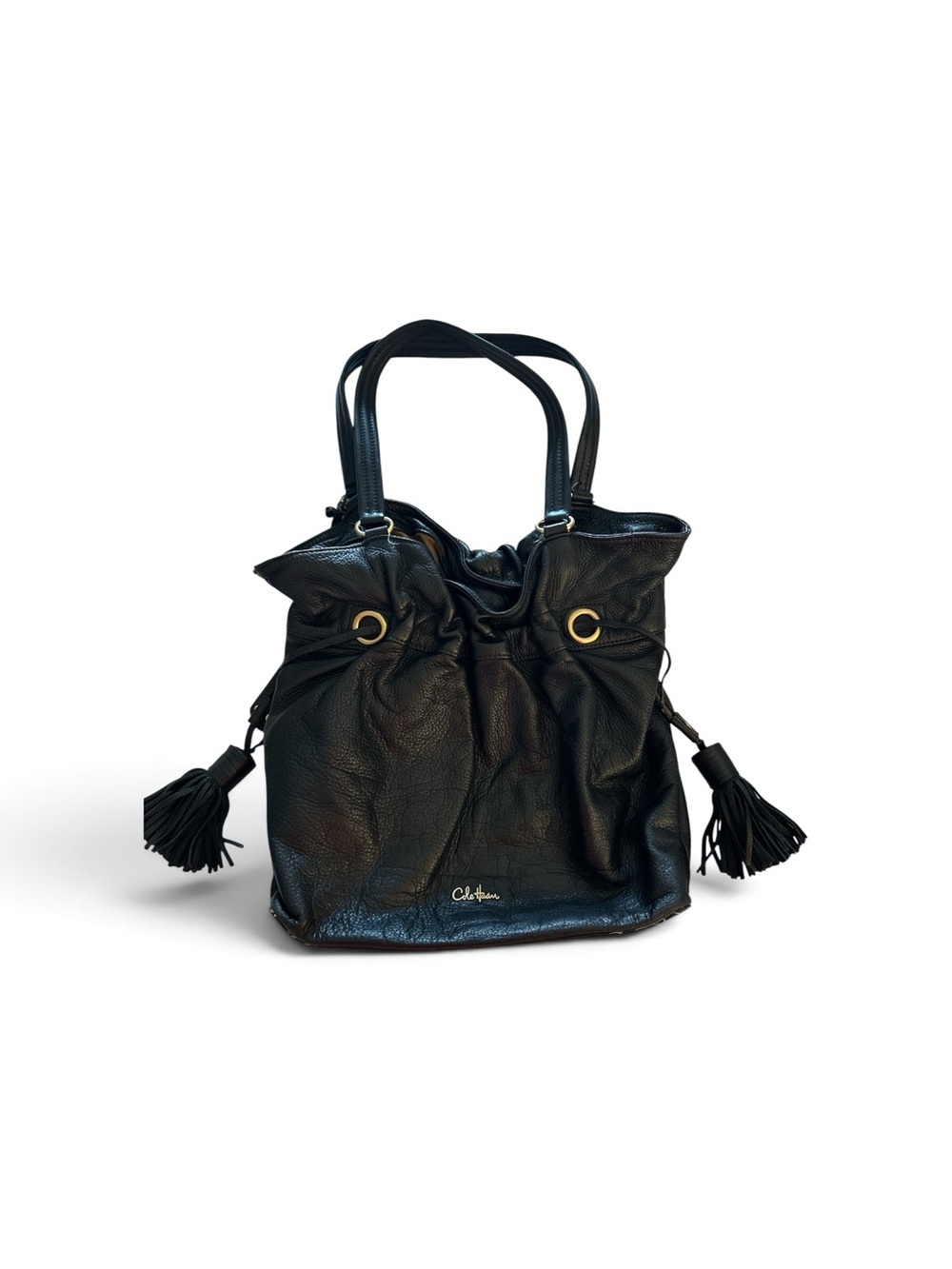 Cole Haan Black Leather Drawstring Tote with Tassels